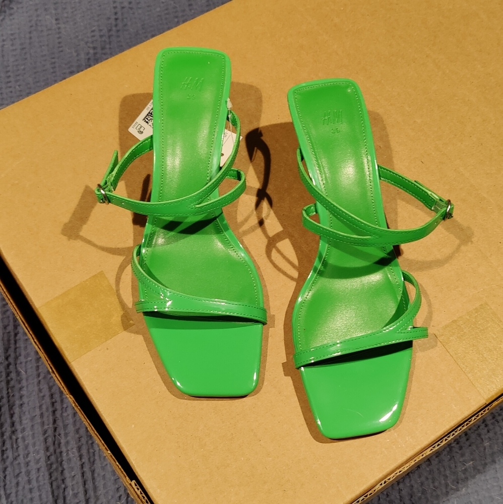 Green strappy heeled sandals